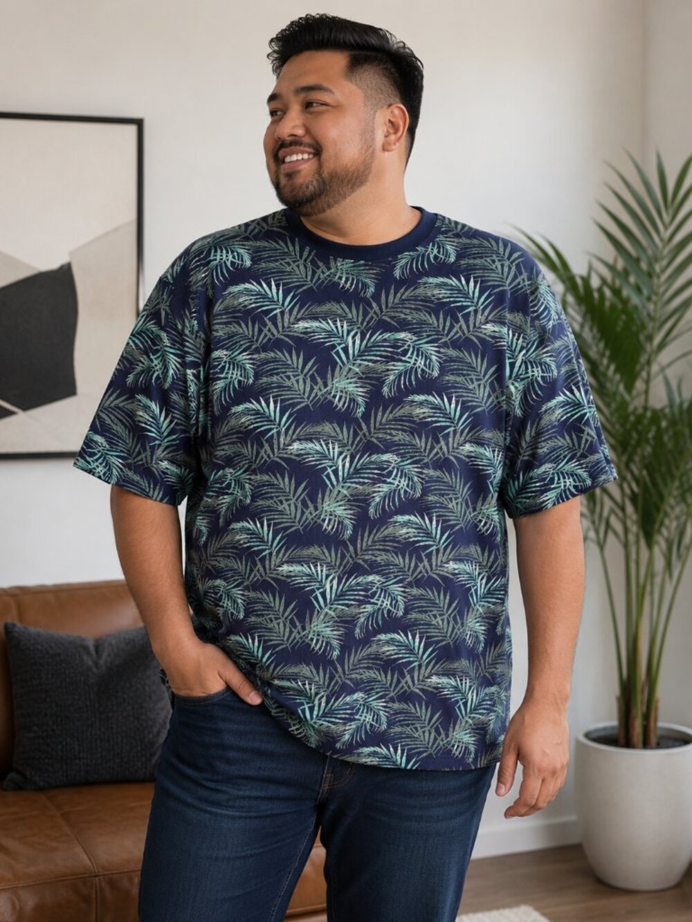 Knit Heritage Men's 2XL Navy Tropical Palm Leaf Print T-Shirt Green Hawaiian